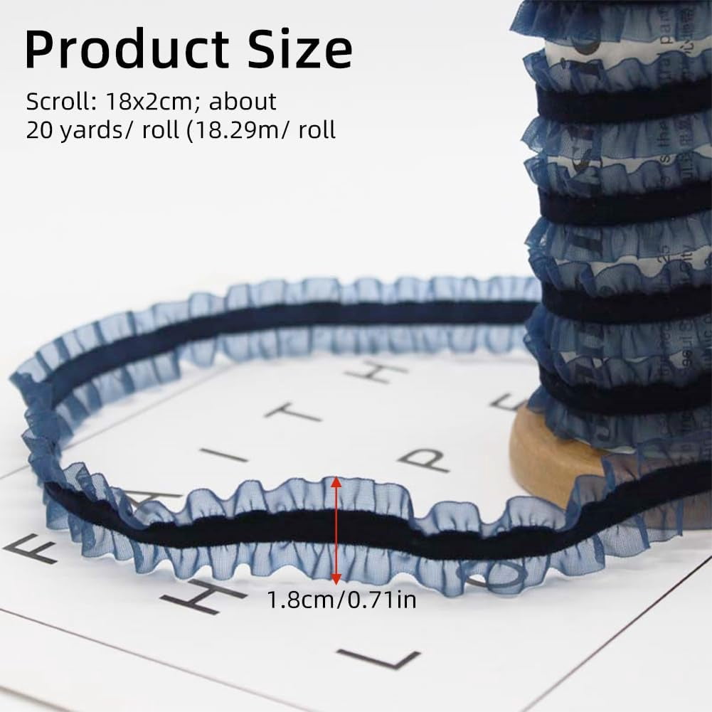 20 Yards Navy Blue Double Ruffle Lace Trim Organza Ribbon Stretch ...