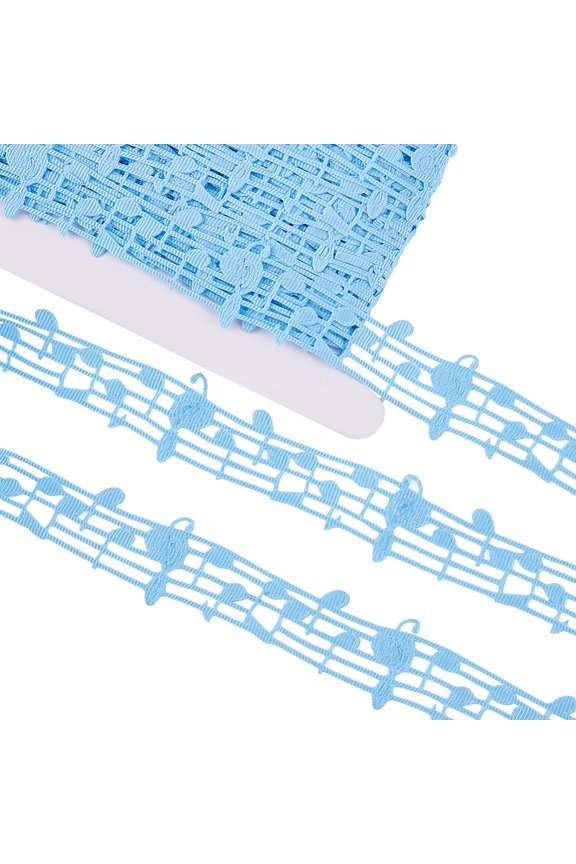 20 Yards Polyester Musical Note Lace Trim Ribbon Garment Accessories Sky Blue 1-1/8 inch(28mm)