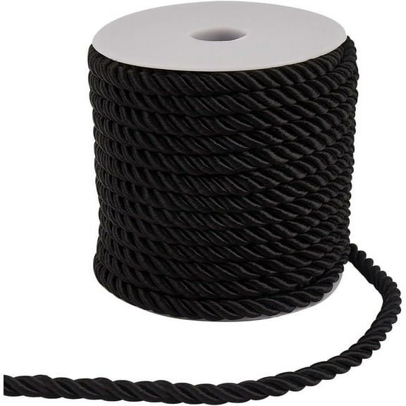 20 Yards Trim Cord 6mm/0.24" Polyester Twist Rope Twine Decorative Cording Thread String Ribbon for Home Decor Curtain Tieback Upholstery Honor Cord Sewing Crafting Black