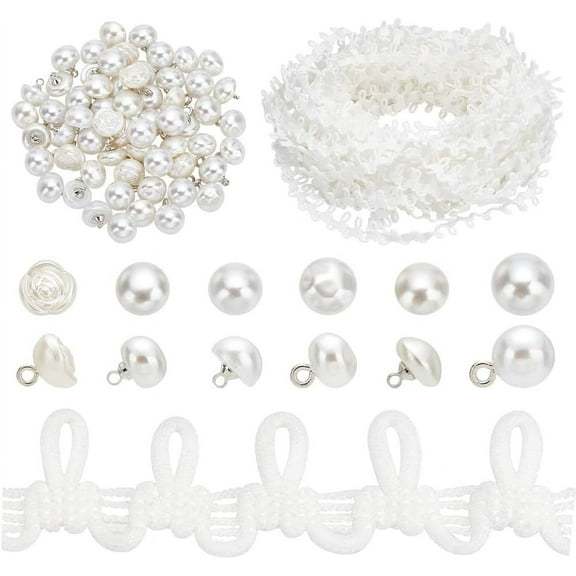 20 Yards White Wedding Dress Button Loops Petite Braid Trim Tassel Fringe Lace Trim with 60pcs Pearl Buttons Sewing Dress Zipper Extender