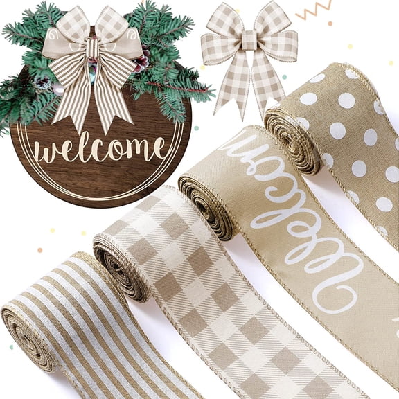 20 Yards Wired Ribbon 4 Rolls Stripe Dot Plaid Welcome(Natural)