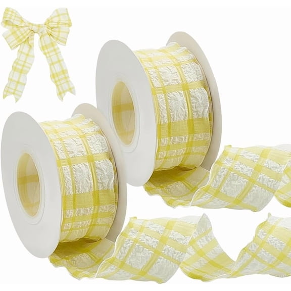 20 Yards Yellow Gingham Ribbon 2 Rolls 1-1/2 Inch Polyester Gingham Ribbon Woven Edge Tartan Pattern Ribbons for DIY handcrafting