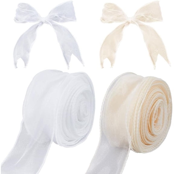 20 Yards x 1-1/2 inch Sheer Ribbon Chiffon Tulle Ribbon Polyester Organza Handmade Silk Ribbon White Champaign Gold
