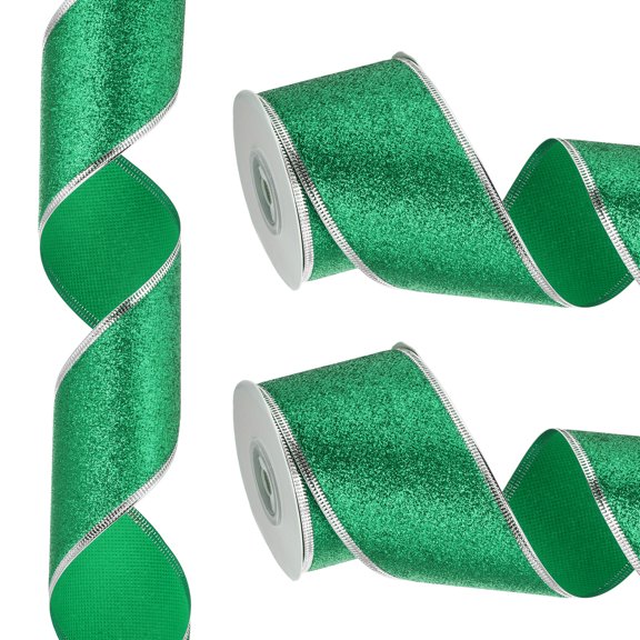 20 Yards x 2.5" Christmas Ribbon Metallic Wired Ribbon Shine Gift Wrapping Ribbon for Craft Birthday Wedding Festival Decoration, Green Silver