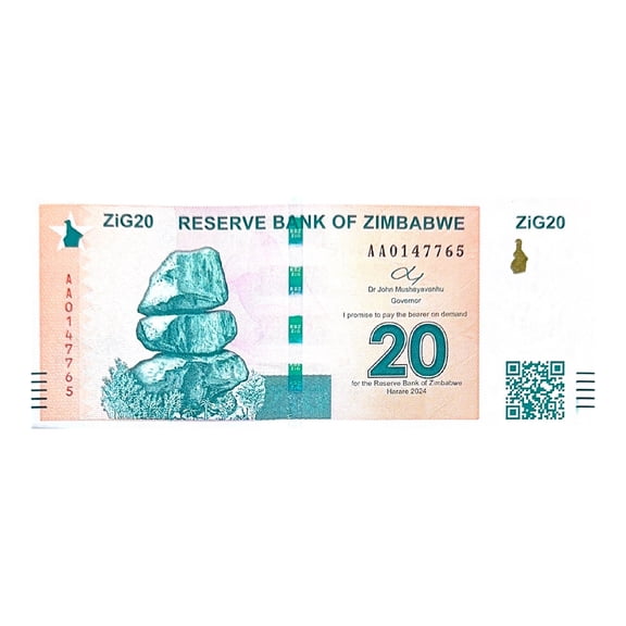 $20 Zig 2024 Gold Backed Uncirculated Banknote with QR Code - Active Zimbabwe Collectible Currency