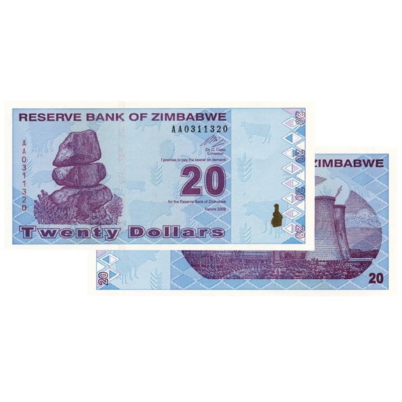 $20 Zimbabwe Banknotes 2009 AA Series Uncirculated Currency - Collectible Low Denomination Notes