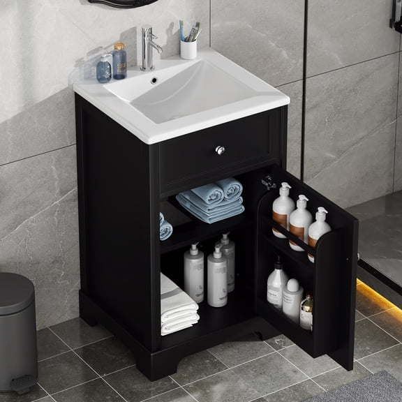 20" black vanity with ceramic sink and MDF board construction guarantees long-term durability in bathrooms