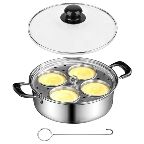 20 cm/7.87 in Stainless Steel Egg Poacher Pan, 4 Egg Poaching Cups for Easy Release, Tempered Glass Lid for Visible Cooking, Healthy Long-lasting, All Stovetops Compatible