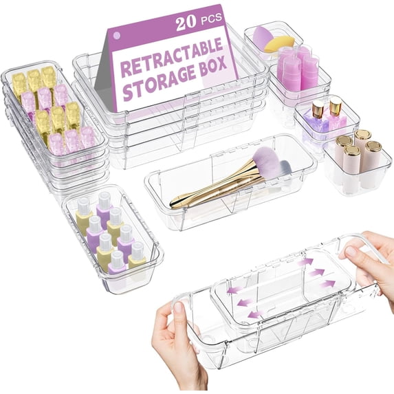 20 count Clear Drawer Organizer, Adjustable Drawer Storage Box, 3-Size Desk Drawer Organizer, Storage Bins for , Kitchen Utensils, Dressers Tool Organizer for Gadgets