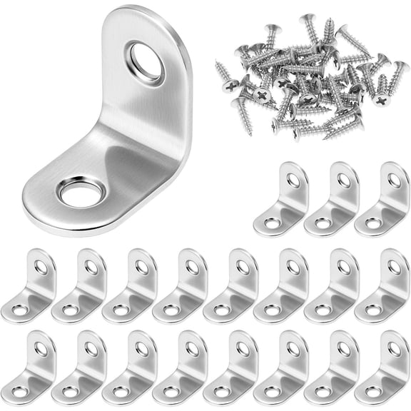 20 count Corner Braces, 1" x 1" (25x25mm) 2mm Thick Stainless Steel Right Angle Bracket, 90 L Brackets with Countersunk Holes, Screws Included for Shelves & Furniture Repair