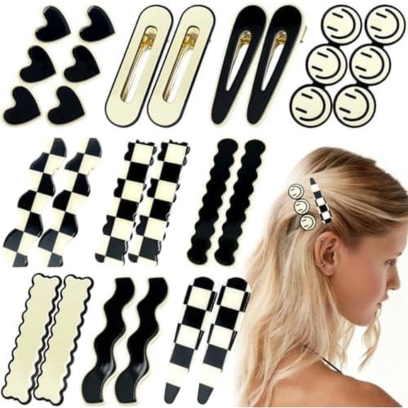 20 count Cute Hair Clips for Women Girls, No Bend No Crease Hair Clips Black White Checker Barrettes Wave Geometric Duckbill Pins Styling Minimalist Fashion Accessories (Smile)