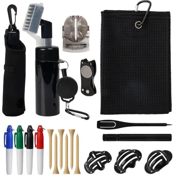 20 count Golf Accessories Kit with Golf Club Cleaner Brush,Divot Tool and Ball Marker, Sharpener,Golf Tees, Ball Bag&Towel with Hook,Golf Essentials Kit for Men/Women(20, Black)