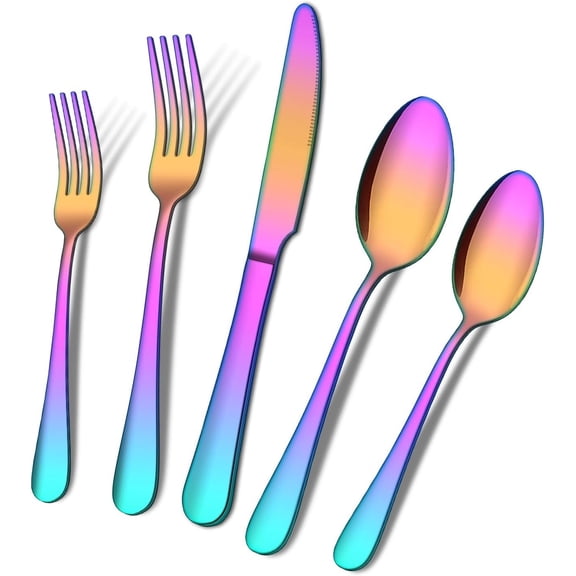 20 count Rainbow Silverware Set, Colorful Stainless Steel Flatware Cutlery Set, Kitchen Utensil Set Service for 4, Include Forks Spoons , , Mirror Polished, Dishwasher Safe