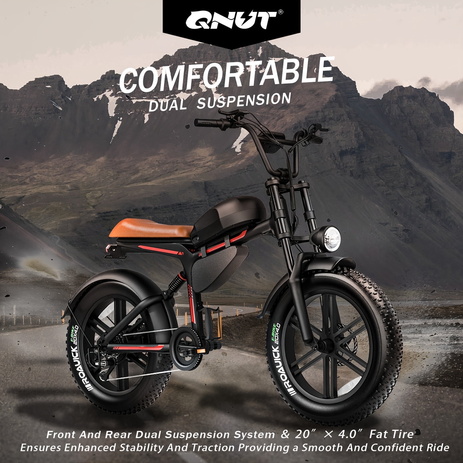 20" fat tire commuting or off-road electric mountain bike, equipped with a 48V 18Ah detachable battery, UL 2849 certification, for mountain, snow, sand & road