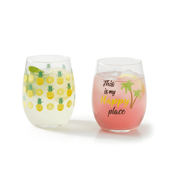 20 fl oz Tropical Pineapple & Palm Tree Design Stemless Wine Glasses Set of 2