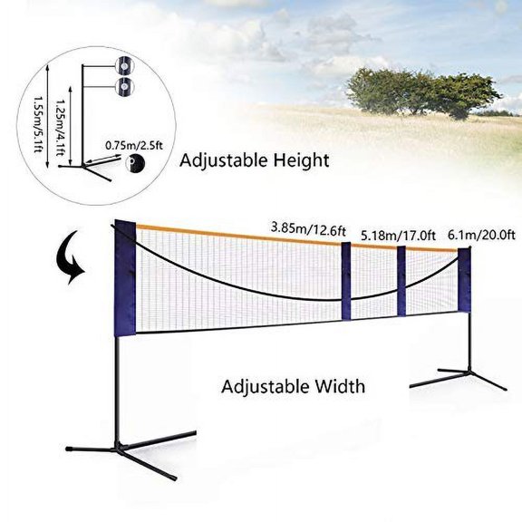 20 ft Badminton Pickleball Net Tennis Net Adjustable Height & Width, Volleyball Portable Sports Net Set for Indoor Outdoor Court, Backyard, Beach