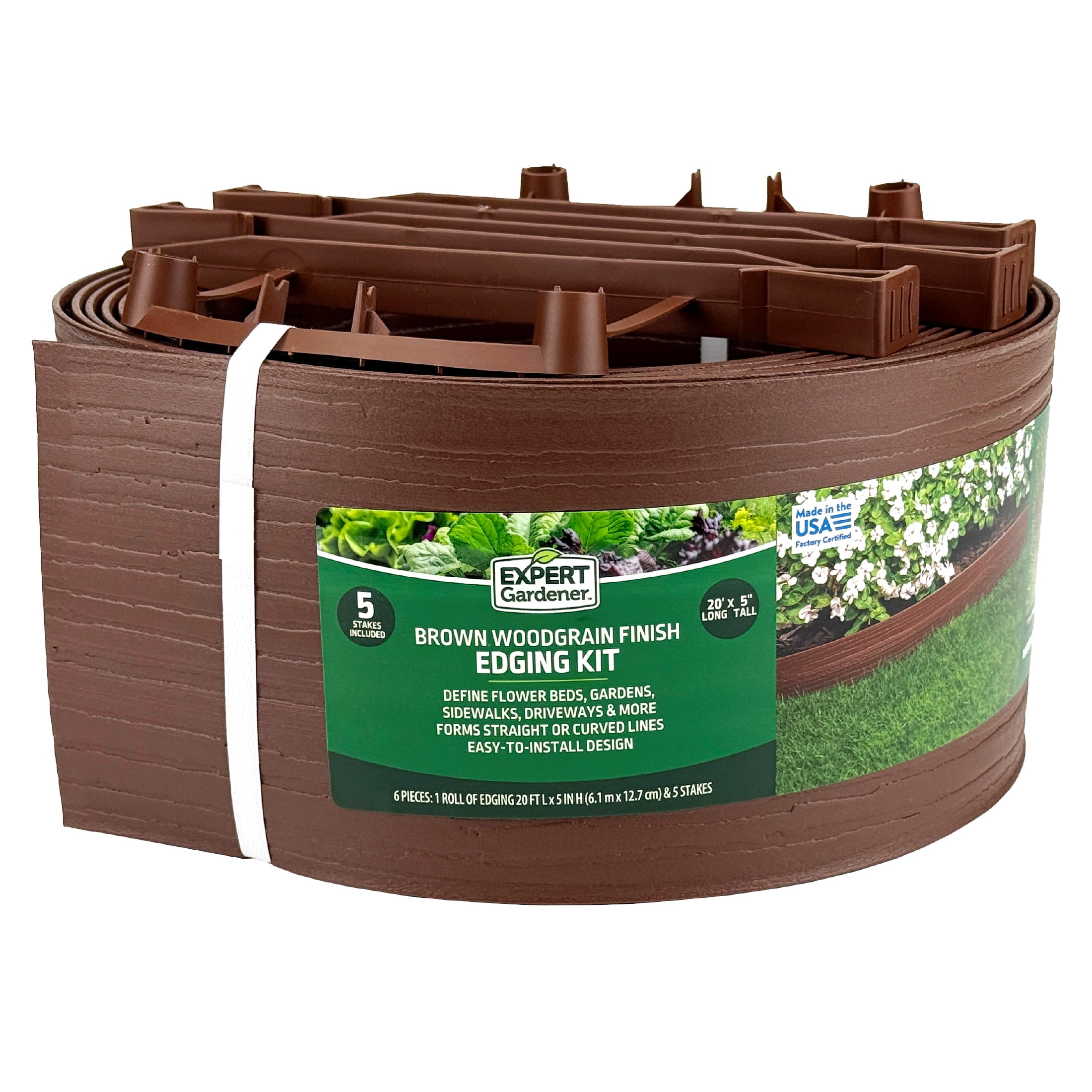 Expert Gardener 5 in. x 20 ft. Brown Wood Grain Plastic Landscape Edging with Stakes