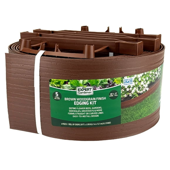 Expert Gardener 5 in. x 20 ft. Brown Wood Grain Plastic Landscape Edging with Stakes