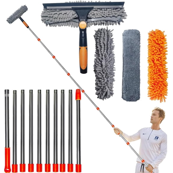 20 ft+ Reach Squeegee Window Cleaner Duster 2 in 1 Rotatable Window Cleaning Tool Kit with 3-14 ft Extension Pole, Window Washing Equipment for Indoor Outdoor Window Car Glass - 3 Pads