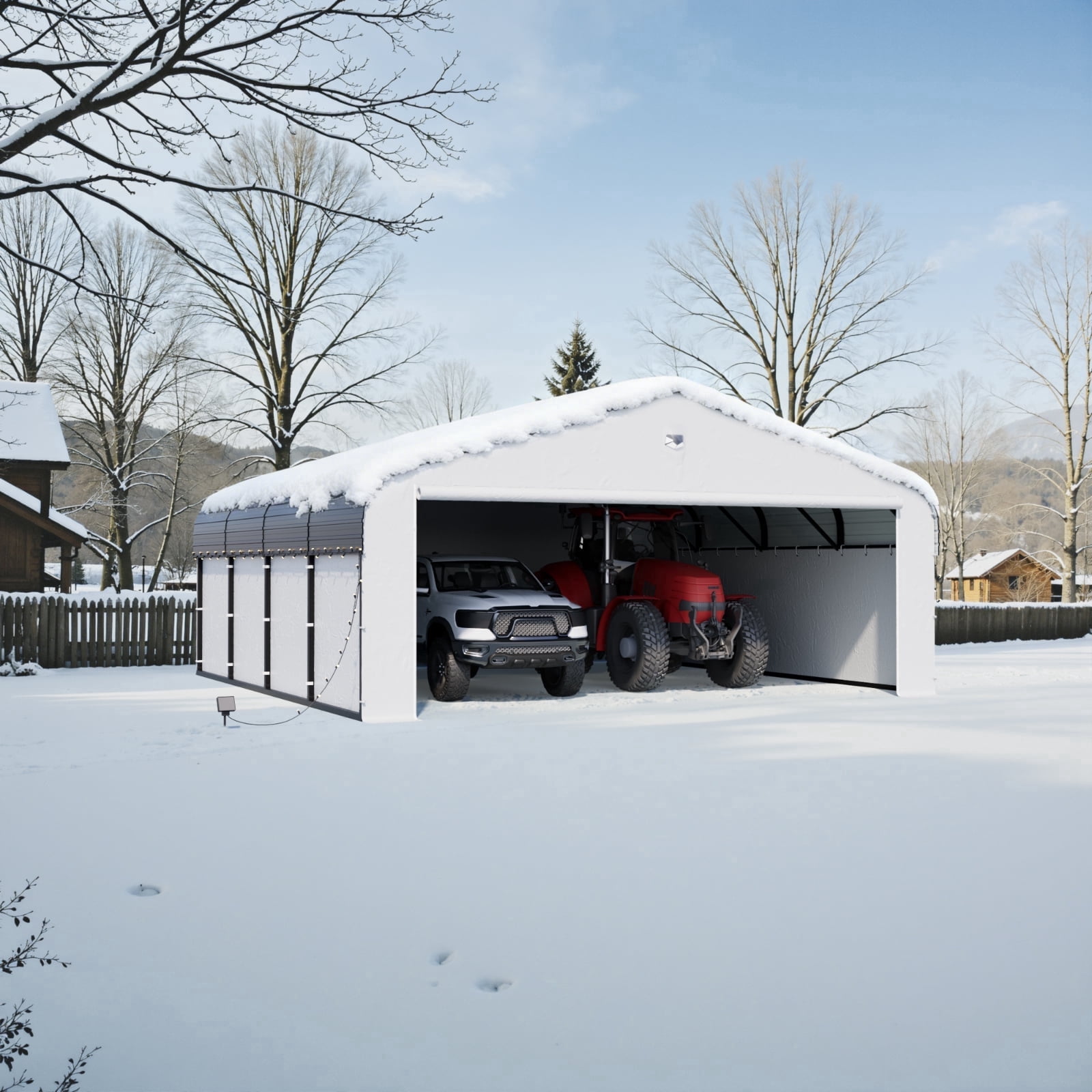 20 ft. W x 20 ft. D Heavy Duty Metal Frame Carport with Solar Lamp, Outdoor Garage Car Shelter with Powder-Coated Steel Roof & Fabric Sidewall