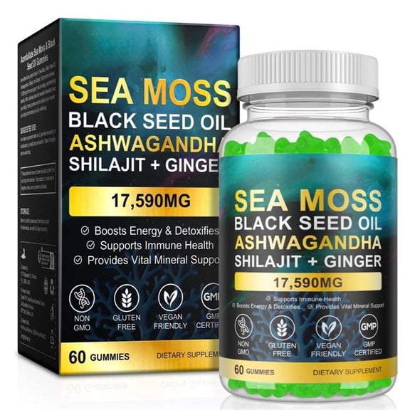 20-in-1 Herbal Supplement Gummies with Sea Moss, Bladderwrack, Black Seed Oil, Ashwagandha, Turmeric, Ginger & Shilajit, Vegan, Halal, Gluten-Free, 60 Count
