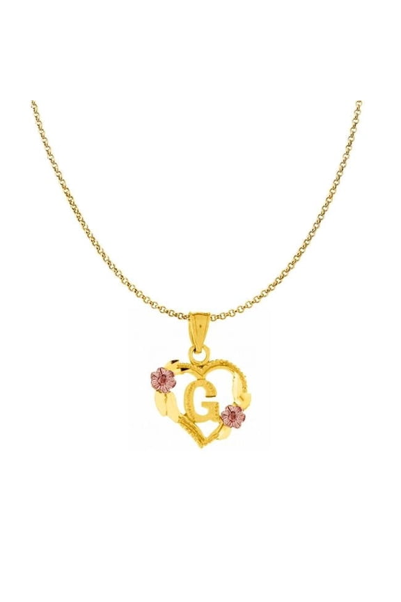 20 in. 14K Two Tone Gold Flower & Heart-Shaped Initial G Pendant with 1.2 mm Rolo Chain