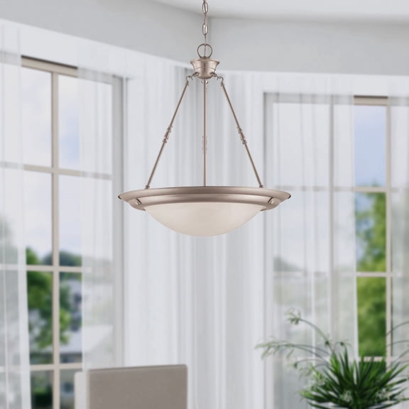20 in. 3-Light Brushed Nickel Transitional Pendant with Alabaster Glass Shade for Entryways