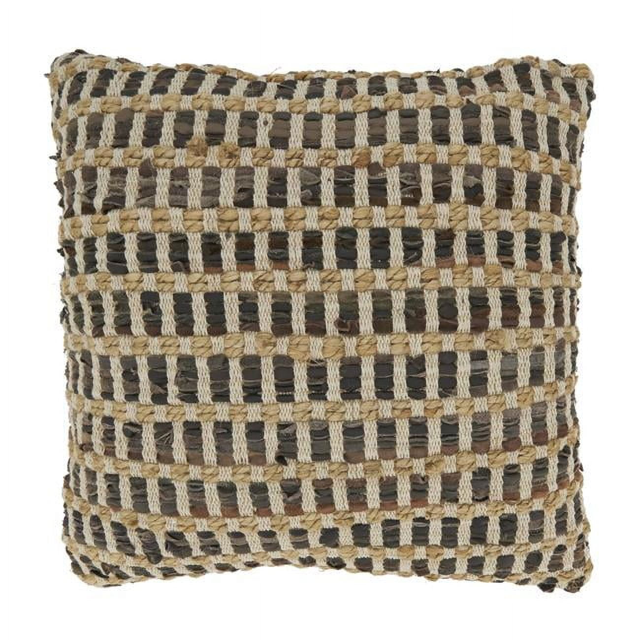 Earthy Brown Jute and Faux Leather Woven 20" Throw Pillow