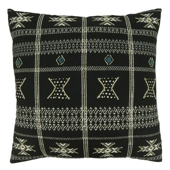20 in. Embroidered Mudcloth Throw Square Pillow with Poly Filling, Black