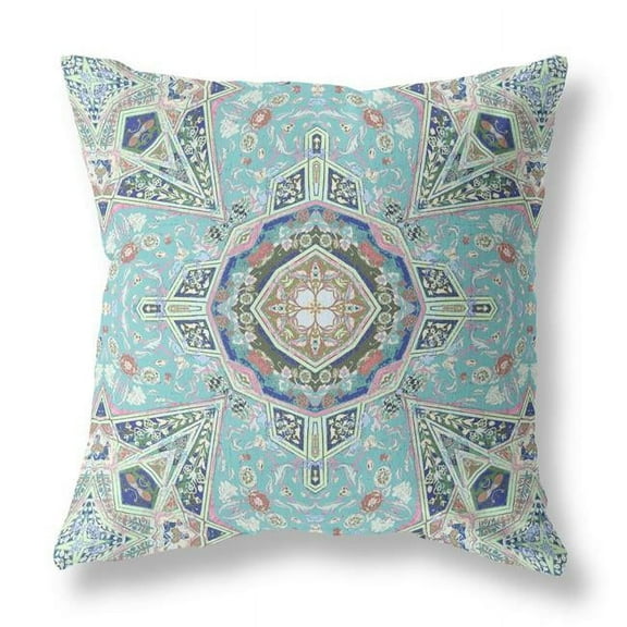 20 in. Floral Geo Indoor Outdoor Throw Pillow, Aqua & Brown