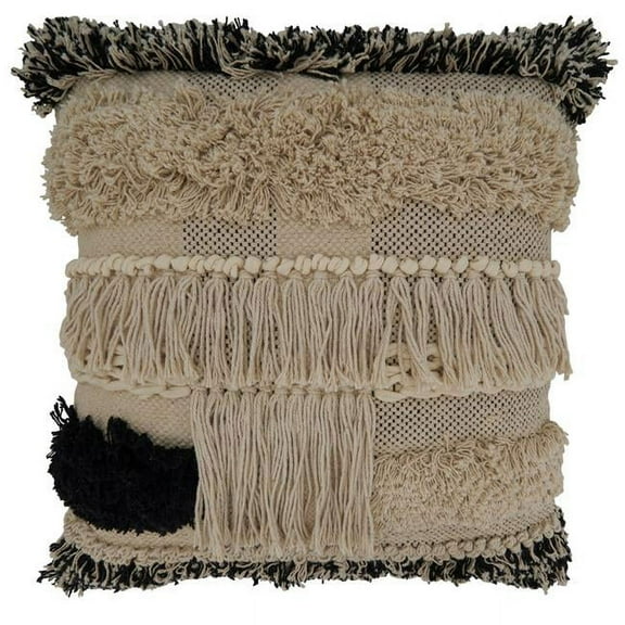 20 in. Fringe Tufted Square Poly-Filled Pillow, Black & White