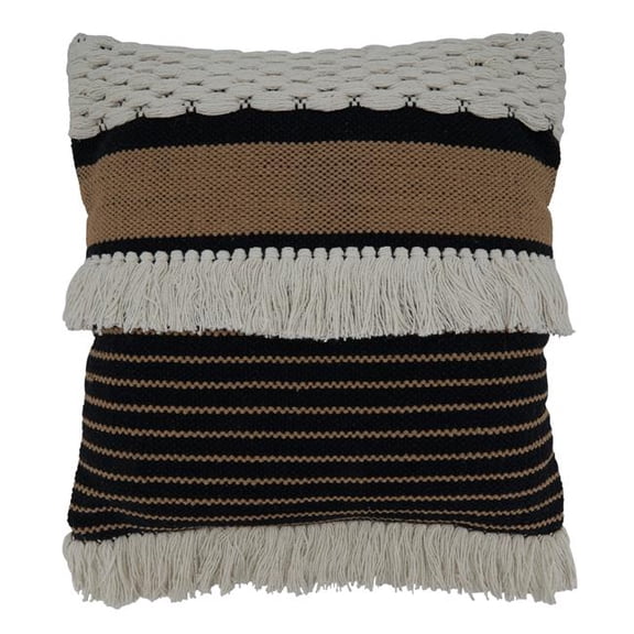 20 in. Fringe Woven Square Poly-Filled Pillow, Black & White