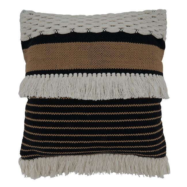 20" Black & White Cotton Fringe Woven Throw Pillow