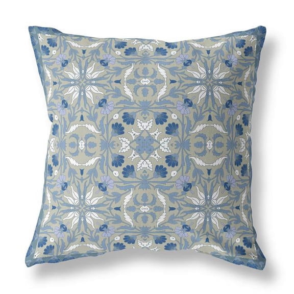 20 in. Gray & Indigo Paisley Indoor & Outdoor Throw Pillow, Light Green & Blue
