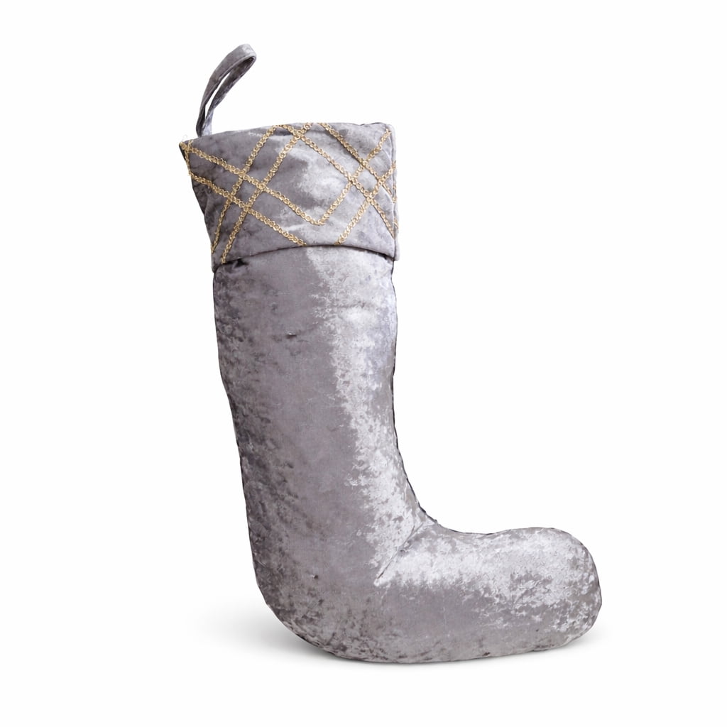 20 in. Gray Velvet Christmas Sequin Embroidered Stocking with Stitched Accents