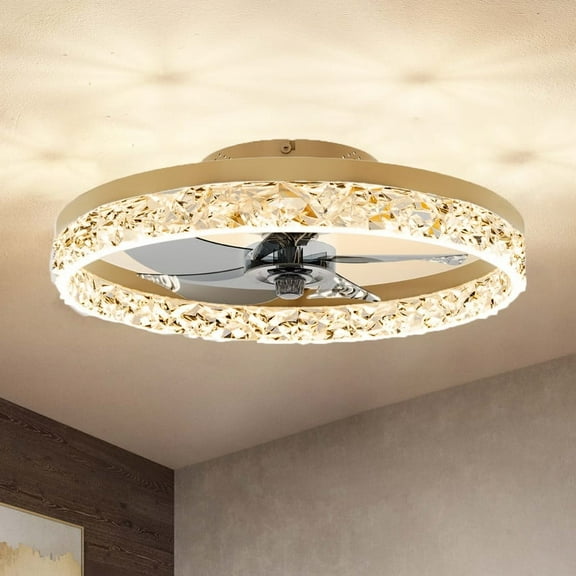 20 in. Indoor Brass 32W Dimmable Crystal LED Ceiling Fan with Light and Remote for Low Profile Bedroom