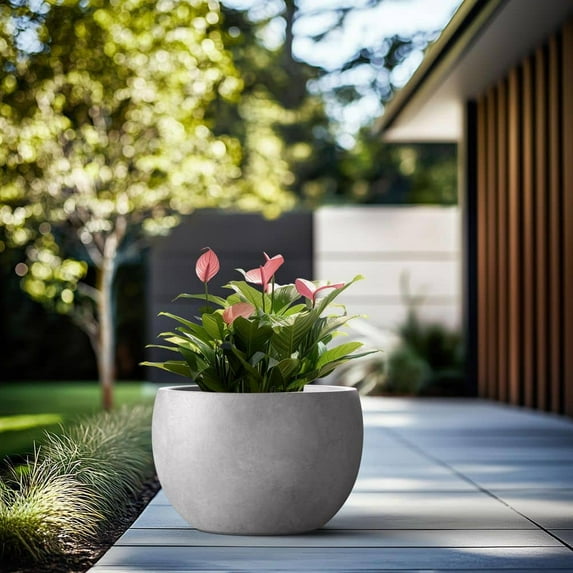 20 in. Large Light Stone Gray Concrete Round Planter / Pot with Drainage Holes