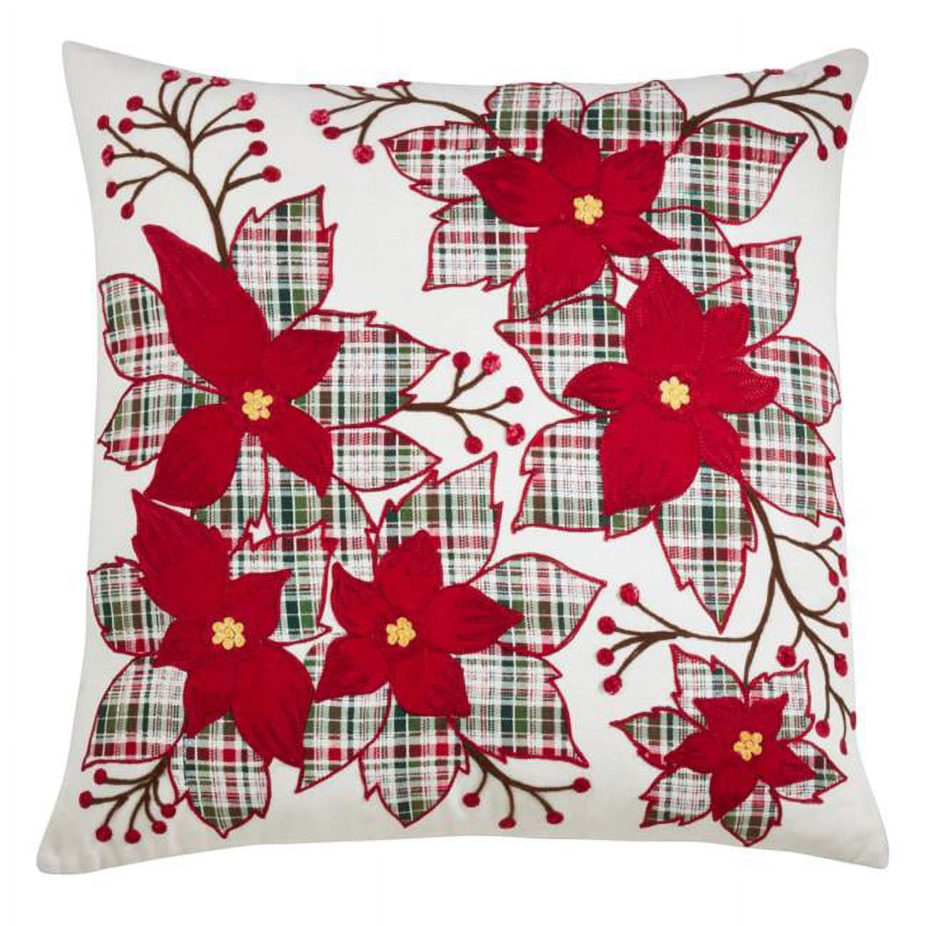 Red Plaid Poinsettia Poly Filled Holiday Pillow, 20" Square