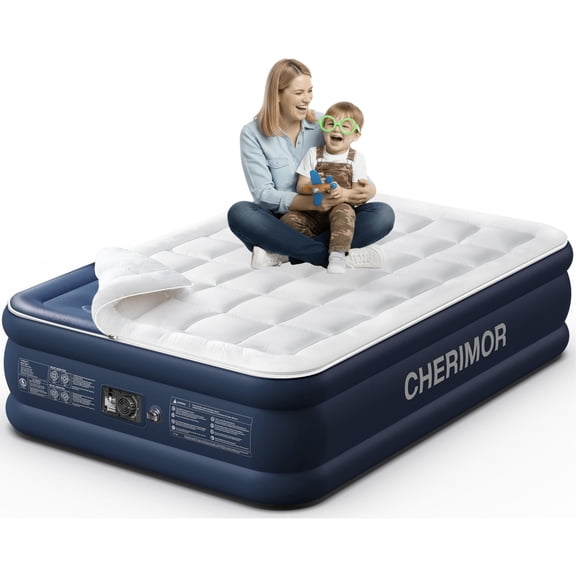 20-in Queen with Built-in Pump and 800-lb Capacity - Raised 3-Minute Inflation Guest Bed with Honeycomb Support and Washable Quilted Topper - Blue