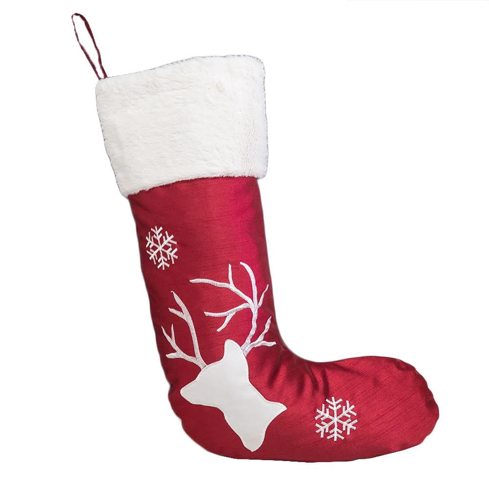 20 in. Red Polyester Reindeer Christmas Stocking with Stitched Accents