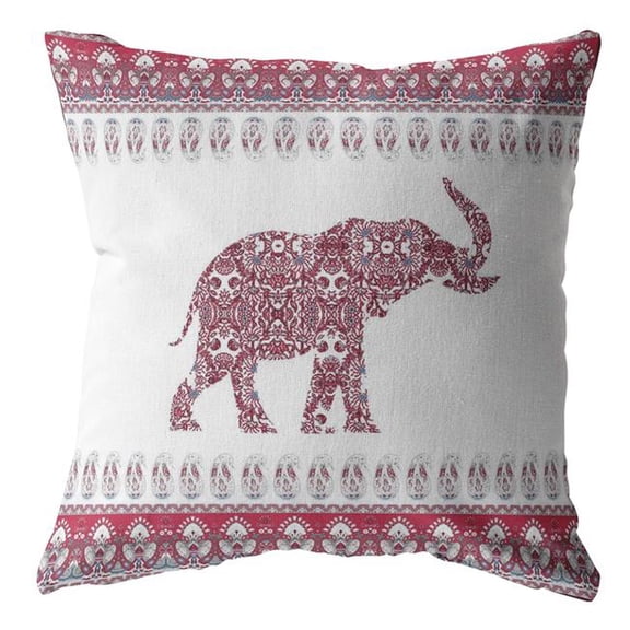 20 in. Red & White Ornate Elephant Suede Throw Pillow