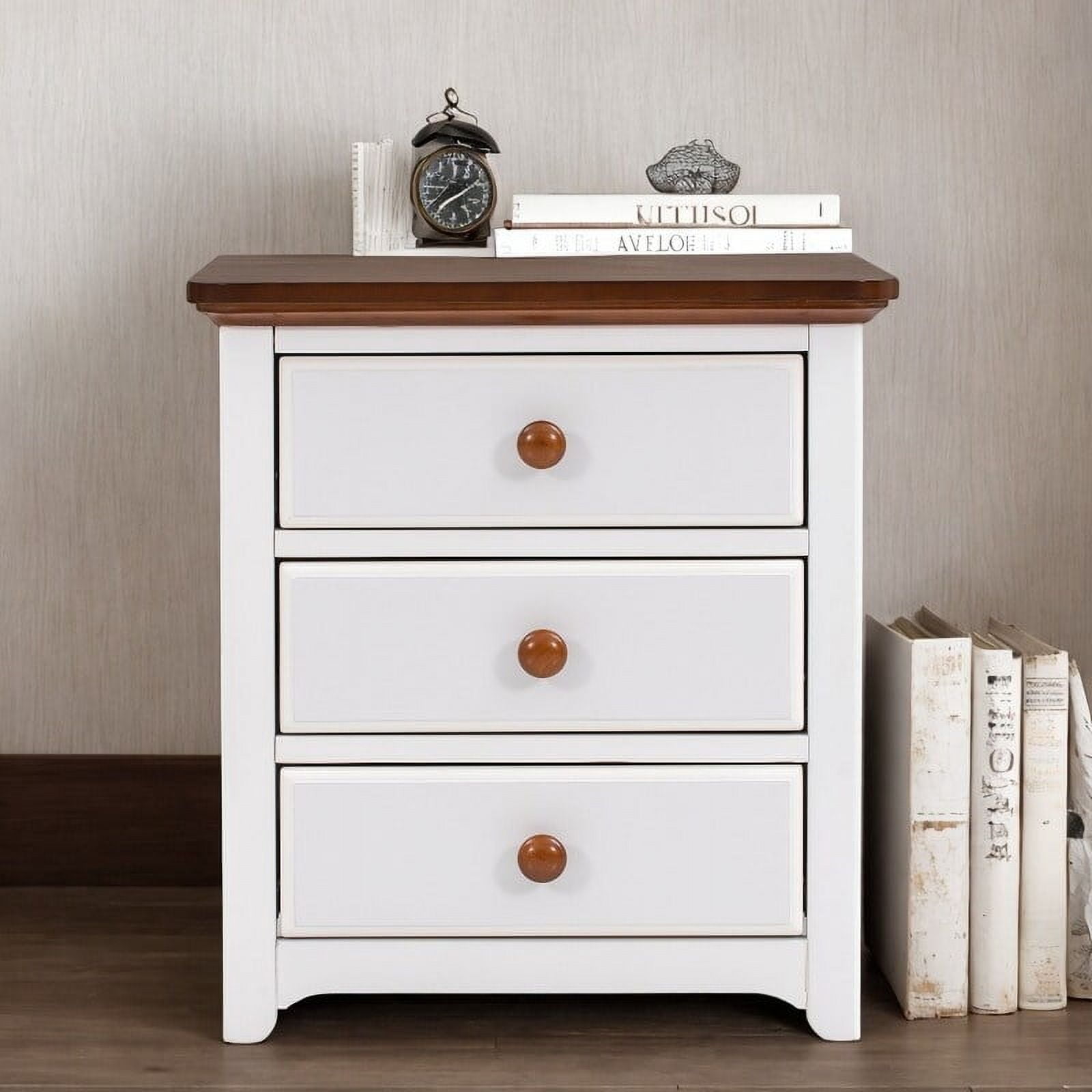 White and Brown 20 in. Solid Wood Nightstand with USB Ports and Three Drawers