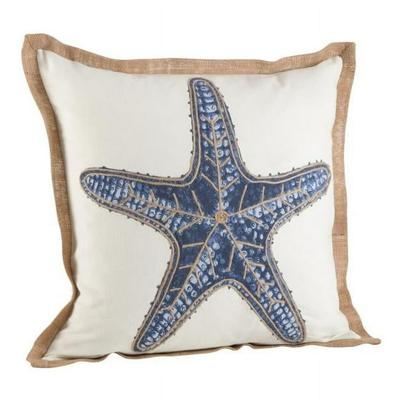 20 in. Square Star Fish Print Cotton Down Filled Throw Pillow, Navy Blue