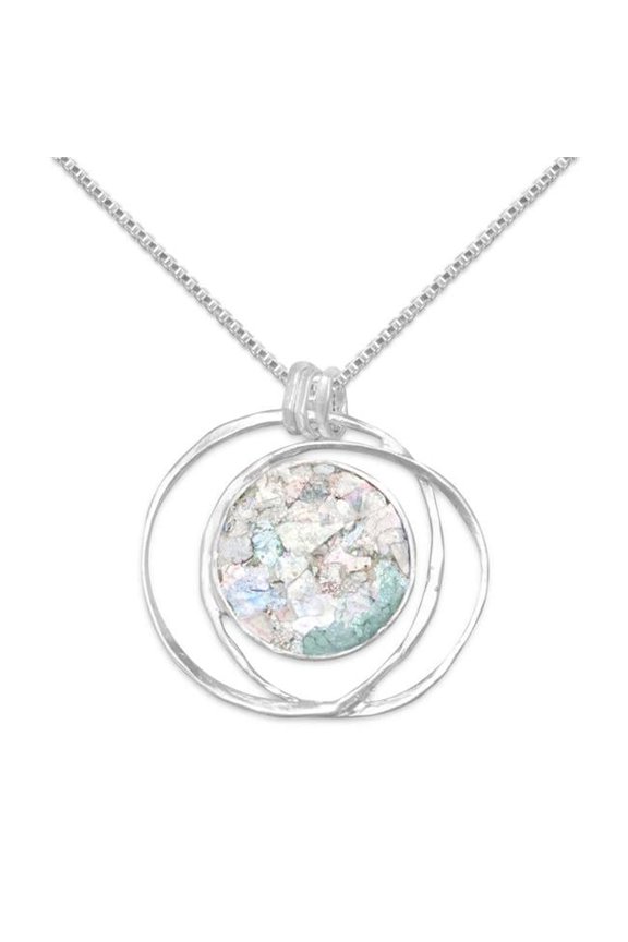 20 in. Sterling Silver Round Ancient Roman Glass Open Wire Pendant with 1.5 mm Box Chain