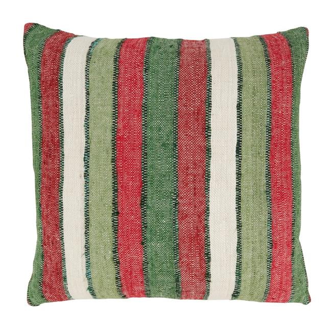 Red and Green Striped Cotton Square Throw Pillow