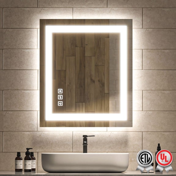 20 in. W x 28 in. H Rectangular Frameless Wall Bathroom Vanity Mirror with Backlit and Front Light
