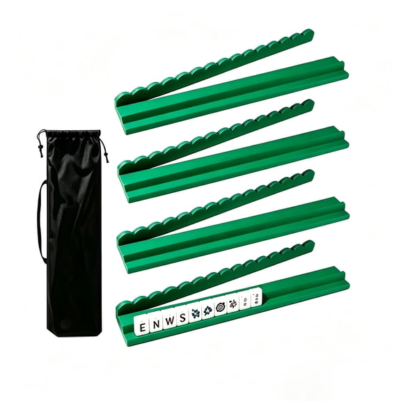 20 in Wood Scalloped Mahjong Tile Racks with Magnetic Pushers, Portable American Mahjong Game Accessories with Storage Bag, Green, Set of 4