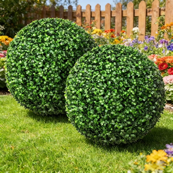 20 inch Artificial Plant Topiary Ball, 4 Layers UV Resistant Faux Evergreen Boxwood, 2 PCS Faux Boxwood Decorative Balls for Office Reception Decor