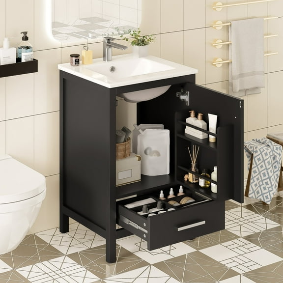 Dranite 20-Inch Solid Wood Bathroom Vanity with Ceramic Sink, Soft-Closing Door, and Storage
