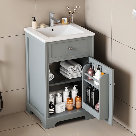 20-inch Bathroom Vanity in Grey | Single Hole Ceramic Sink with Overflow | Stainless Steel Hinges and Round Handle for Modern Look